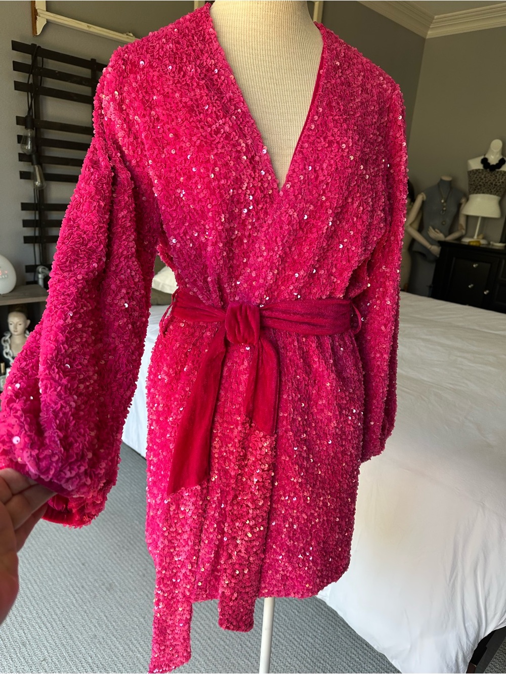 Blue B Collection, Bright Pink Sequin Wrap Mini Dress with Belt, size large - Picture 9 of 16